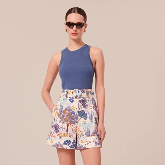 Tara Jarmon NWT Belted Shelby 100% Cotton Blue Floral Printed High Waist Shorts - Picture 1 of 16